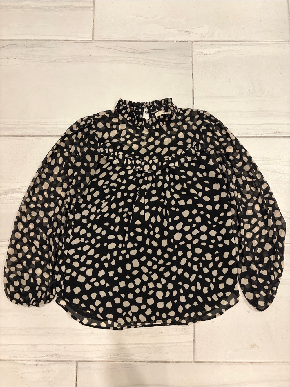 LOFT Black Blouse with Cream Spot Print and Ruffle Neck 2 Layers